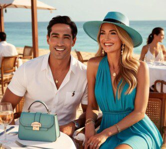 A man and woman sitting at an outdoor table.