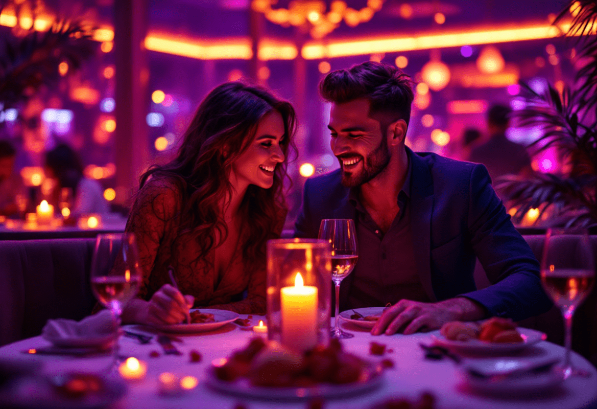 a man and woman sitting at a table with food and wine glasses | Exclusive membership
