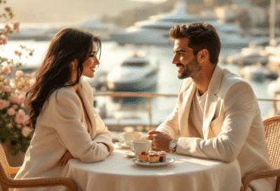 a man and woman sitting at a table with food and drinks | Signature Services