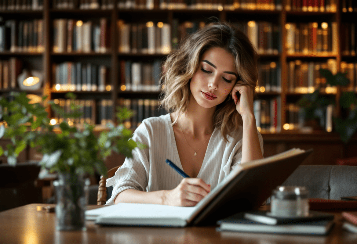 woman reading in elegant library or taking notes at workshop, focused expression, sophisticated setting, warm lighting