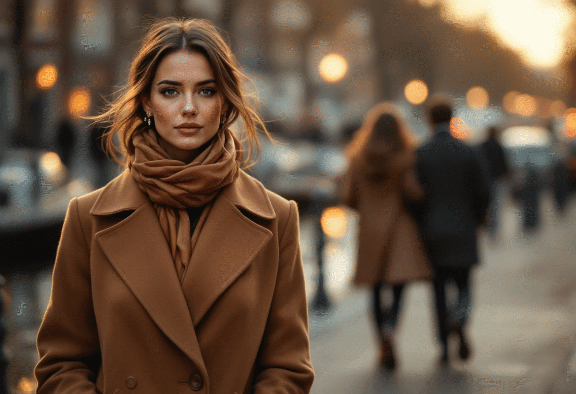 legant woman walking alone by the canal at sunset, dressed in a camel coat and scarf, symbolising self-confidence and emotional clarity in relationships.