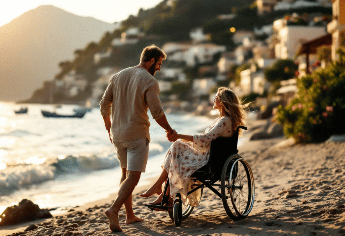 Beachside stillness in Portofino, showing feminine softness held by grounded masculine energy