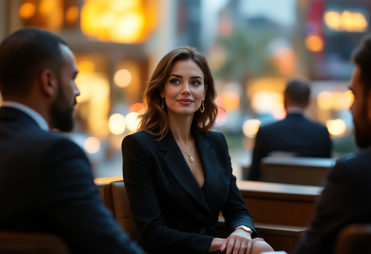 a woman in a black suit sitting in a restaurant