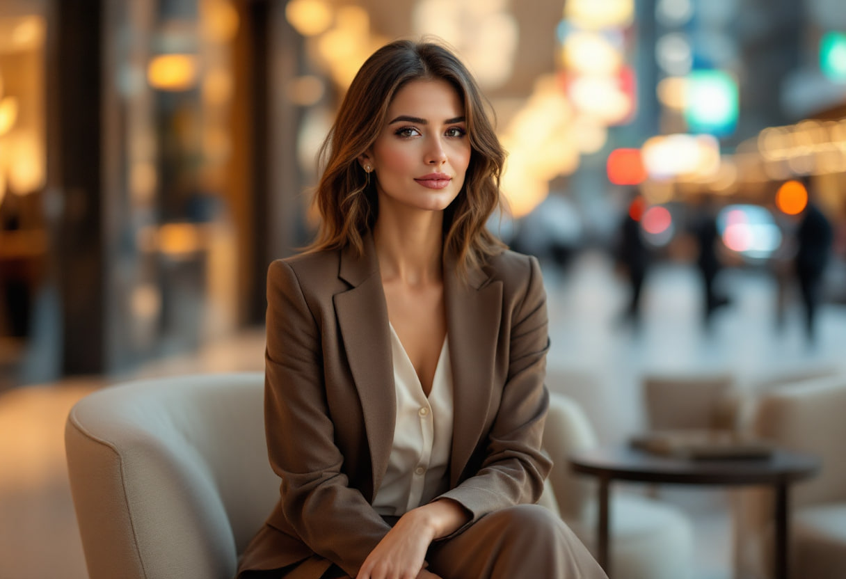a woman in an elegant suit sitting in a restaurant